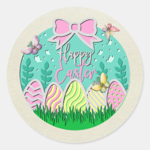 Sticker Rond Chasse aux œufs de Pâques mignonne et papillons co
