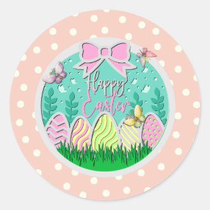 Sticker Rond Chasse aux œufs de Pâques mignonne et papillons co