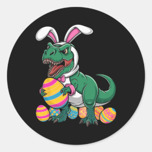 Sticker Rond Chasse aux œufs de Pâques T Rex Dinosaure Lapin Jo