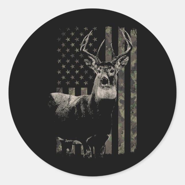Sticker Rond Chasse Camo Drapeau Américain Cerf (Devant)