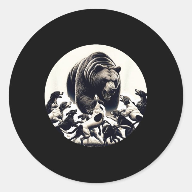 Sticker Rond Chasse Ours Retro Ours Chien Chasse Hound (Devant)