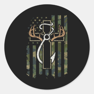 Sticker Rond Chasse Pêche Foi Cerf Bois Croix Crochet Chri