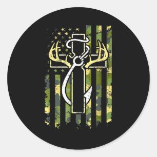 Sticker Rond Chasse Pêche Foi Croix Cerf Bois Américain 