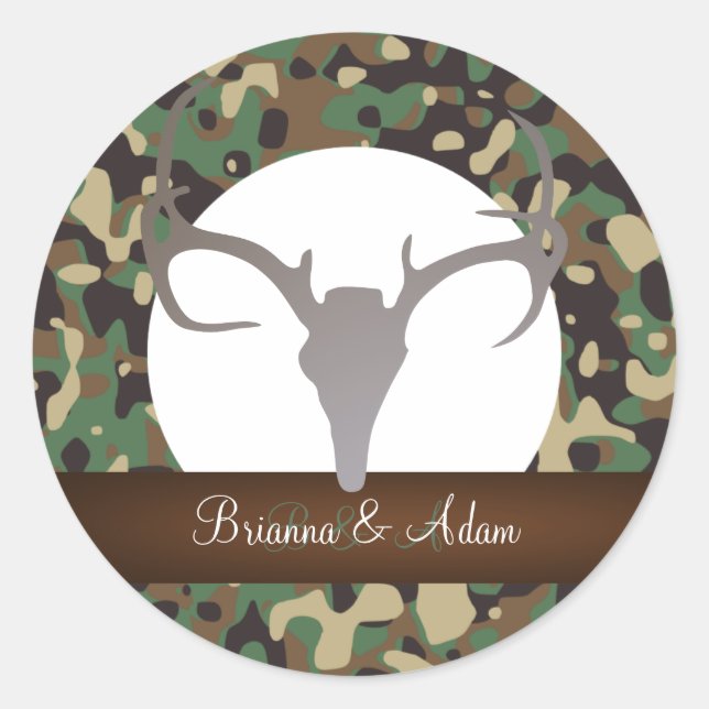 Sticker Rond Chasse Personnalisée Thème Antlers Camo Mariage (Devant)