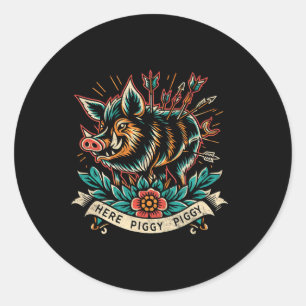 Sticker Rond Chasseur de sangliers ici Piggy Homme's Vintage Wi