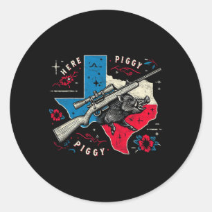 Sticker Rond Chasseur de sangliers ici Piggy Vintage Texas Wild