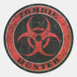 Sticker Rond Chasseur de zombie rouge et noir à risque de bio r