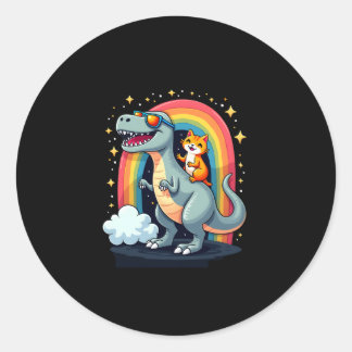 Sticker Rond Chat à cheval sur un dinosaure T-Rex Kitten Arc-en