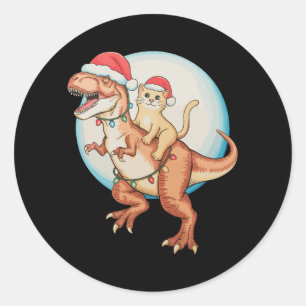 Sticker Rond Chat à cheval sur un dinosaure T Rex Lune Noël Xma