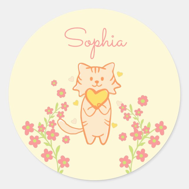 Sticker Rond Chat à fleurs mignonne et coeur (Devant)