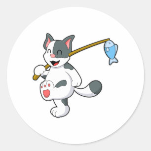 Sticker Rond Chat à la pêche avec bâton de pêche