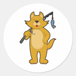 Sticker Rond Chat à la pêche avec la baguette de pêche et le po