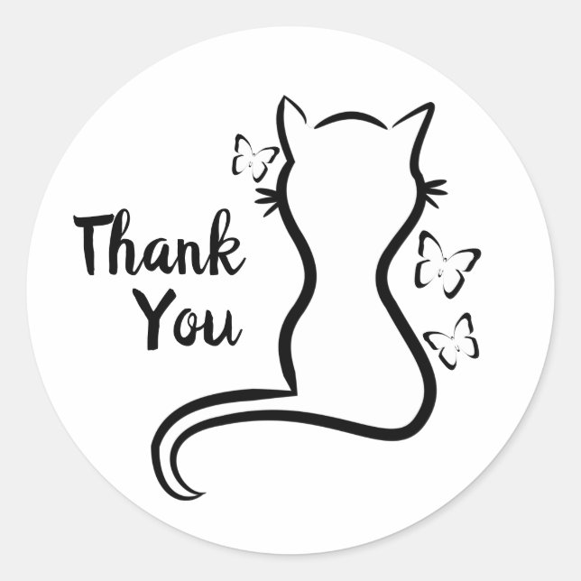 Sticker Rond Chat à l'encre et papillons Merci (Devant)