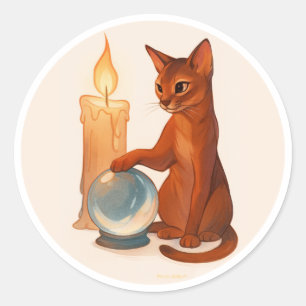 Sticker Rond Chat abyssin avec boule de cristal argentée