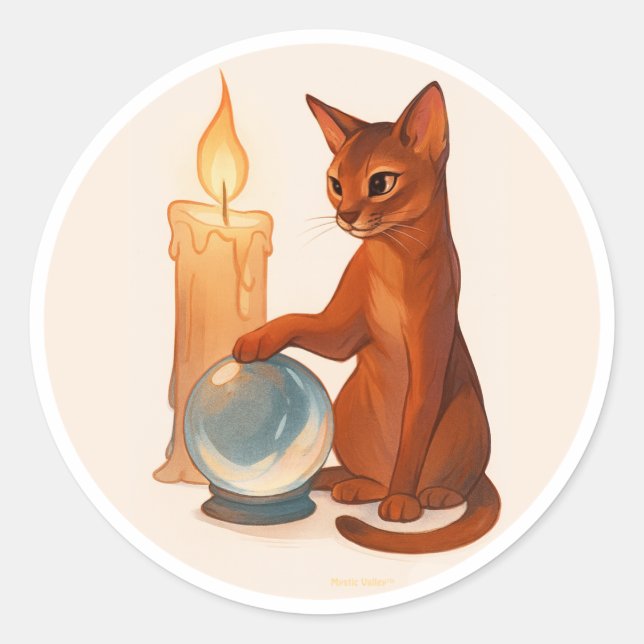 Sticker Rond Chat abyssin avec boule de cristal argentée (Devant)