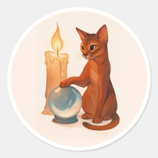 Sticker Rond chat abyssin avec boule de cristal argentée classi