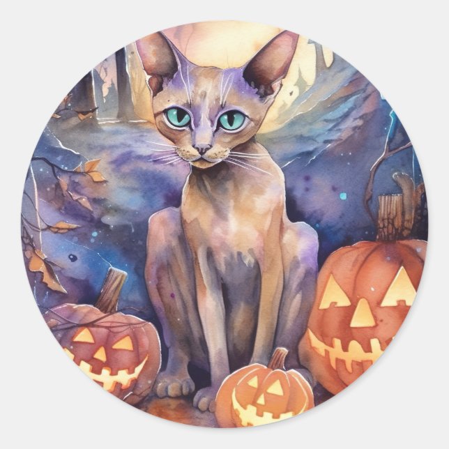 Sticker Rond Chat abyssin d'Halloween avec citrouilles effrayan (Devant)
