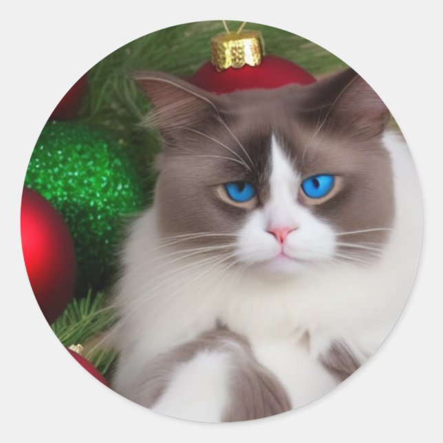 Sticker Rond chat aime noël arbre plaisir (Devant)
