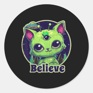 Sticker Rond Chat Alien Cute Croient En Ufo Kawaii