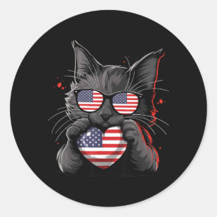 Sticker Rond Chat Américain Drapeau USA Rouge Blanc Bleu Patrio