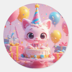 Sticker Rond Chat animé adorable célébrant une fête d'anniversa