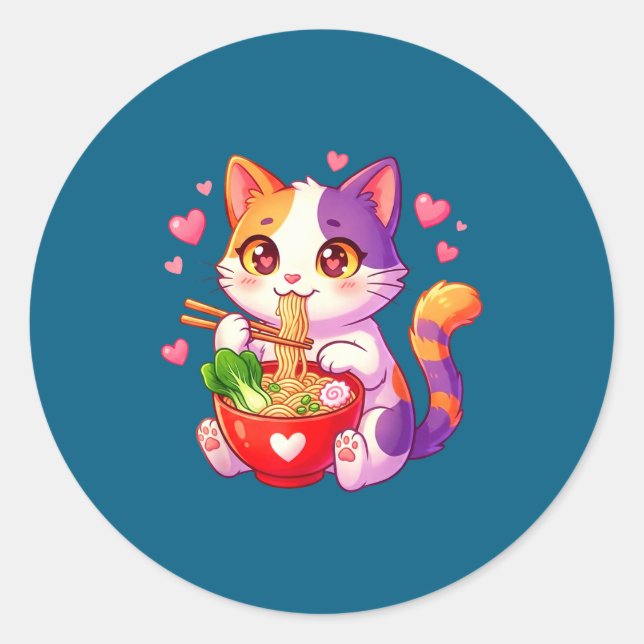 Sticker Rond Chat Anime Mangeant Des Nouilles Ramen Avec Des Cœ (Devant)