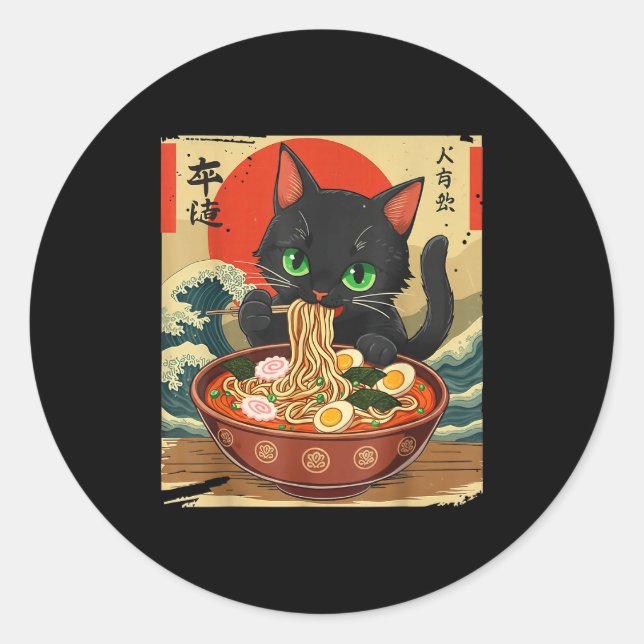 Sticker Rond Chat Anime Mangeant Ramen Art Japonais Graphique C (Devant)