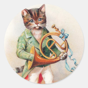 Sticker Rond Chat anthropomorphe mignon avec le cor de harmonie