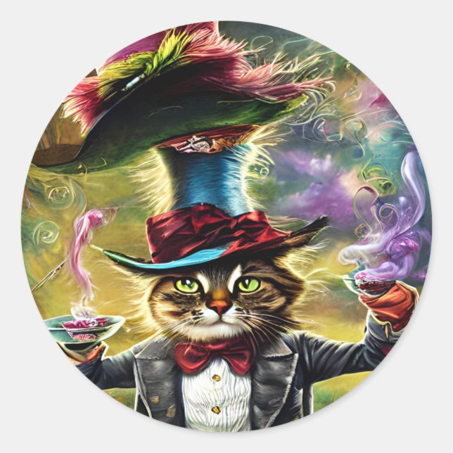 Sticker Rond Chat anthropomorphique Mad Hatter Imaginaire Fairy (Devant)