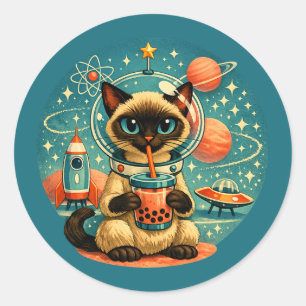 Sticker Rond Chat astronaute siamois Boba du cosmos de l'ère at