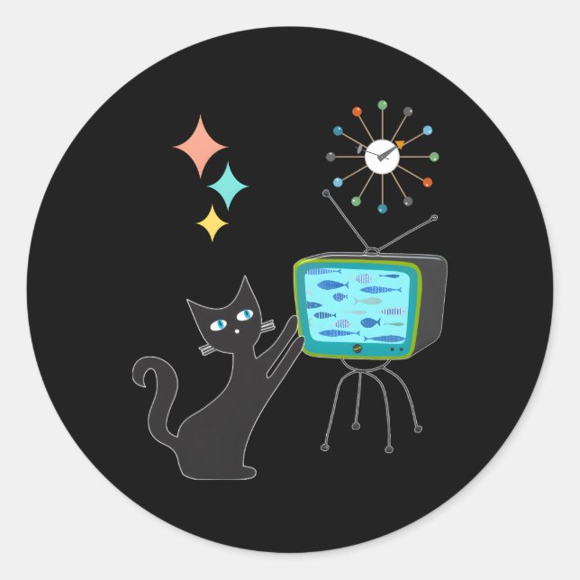 Sticker Rond Chat Atomique Moderne Du Milieu Du Siècle Avec Tél (Devant)