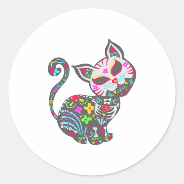 Sticker Rond Chat au crâne sucre Cute Dia De Los Muertos Amusan (Devant)