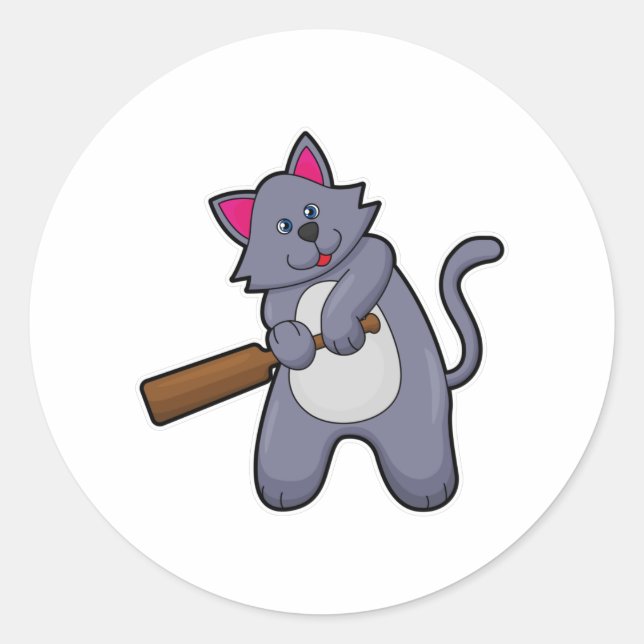 Sticker Rond Chat au cricket avec chauve-souris de cricket (Devant)