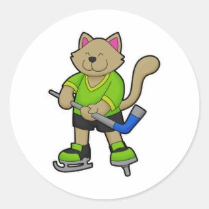 Sticker Rond Chat au hockey sur glace avec bâton de hockey sur 
