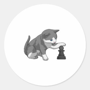 Sticker Rond Chat aux échecs avec pièce d'échecs Évêque