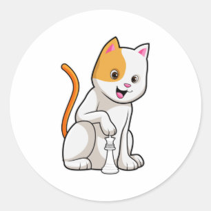 Sticker Rond Chat aux échecs avec pièce d'échecs Pawn
