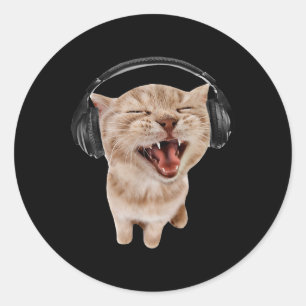 Sticker Rond Chat avec casque mème