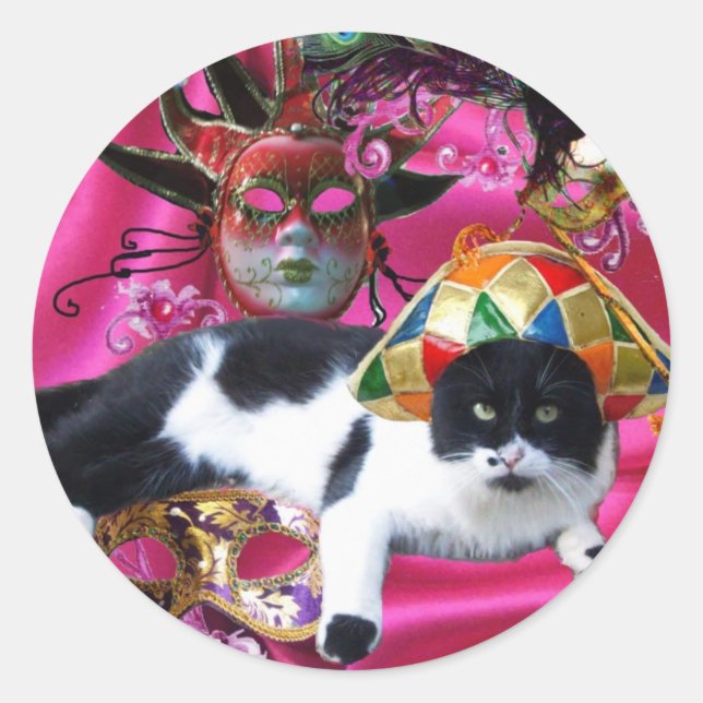 STICKER ROND CHAT AVEC CASQUETTE HARLEQUIN ET MASQUERADE DE FÊT (Devant)