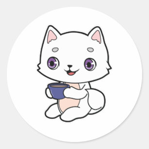 Sticker Rond Chat avec Coupe de Café