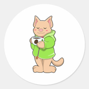 Sticker Rond Chat avec Coupe de Café & Pyjamas