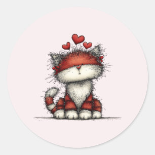 Sticker Rond Chat avec des cœurs d'amour rouges mignon et drôle