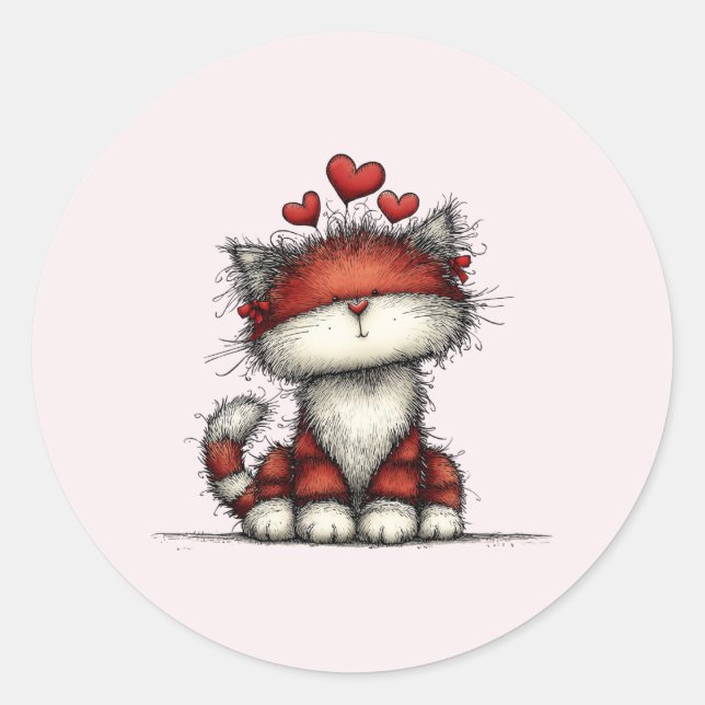 Sticker Rond Chat avec des cœurs d'amour rouges mignon et drôle (Devant)