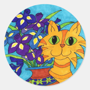 Sticker Rond Chat avec Irises à Talavera Vase