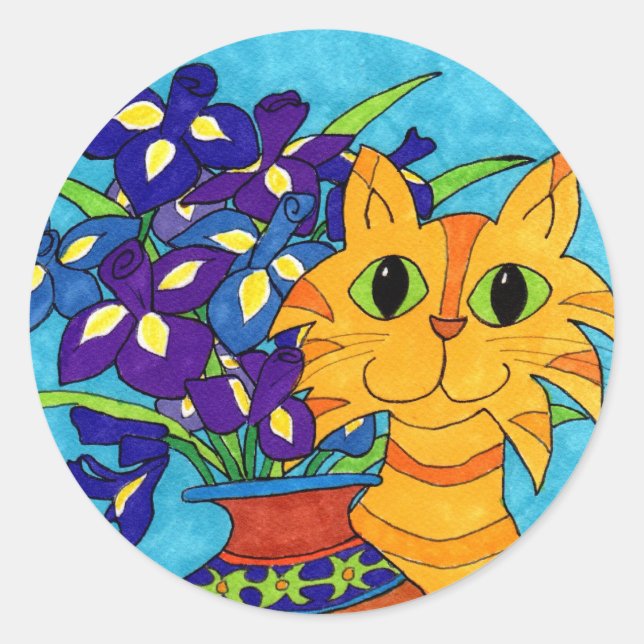 Sticker Rond Chat avec Irises à Talavera Vase (Devant)