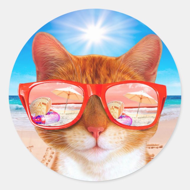 Sticker Rond Chat avec lunettes de soleil sur la plage (Devant)