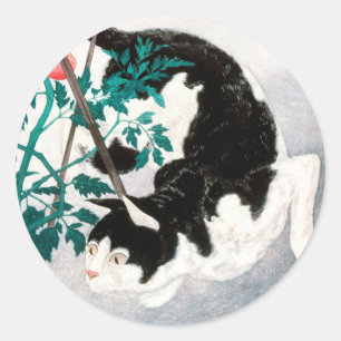 Sticker Rond Chat avec Plante tomate (1931) par Hiroaki Takahas