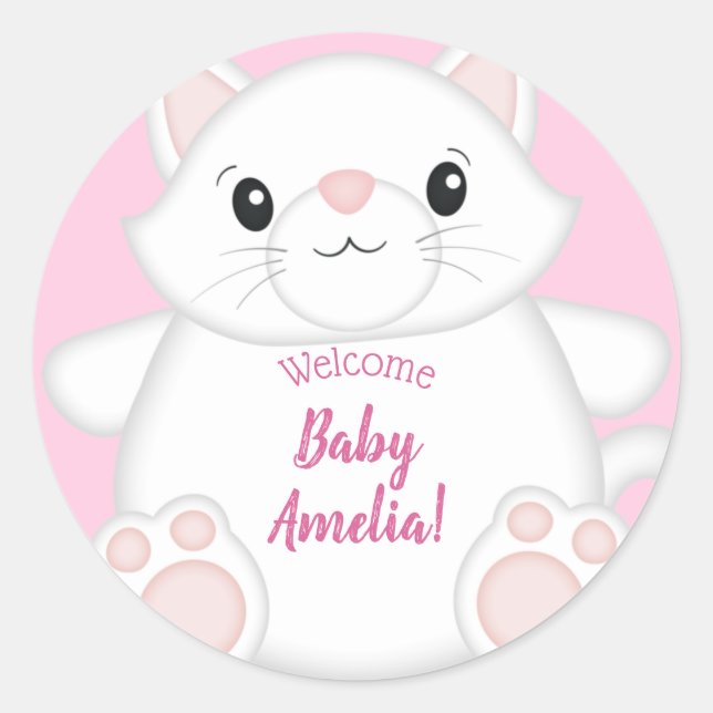 Sticker Rond Chat Baby shower Kitty Rose (Devant)