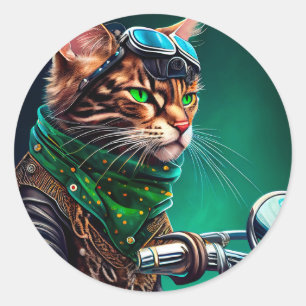 Sticker Rond Chat Bengal conduisant un vélo pour la Saint-Patri