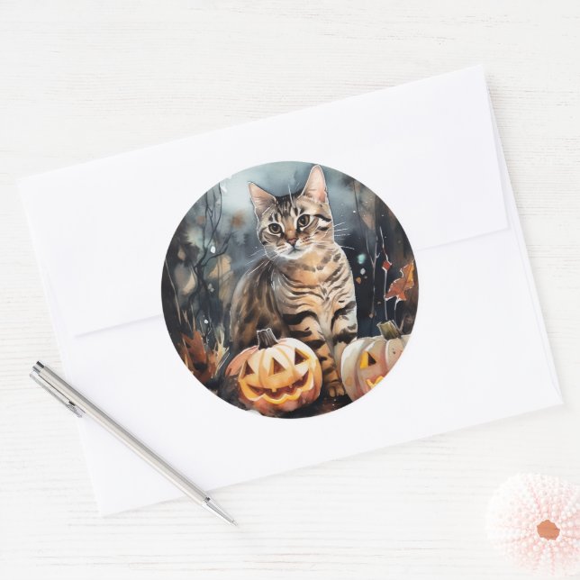 Sticker Rond Chat Bengale D'Halloween Avec Peur Citrouille (Enveloppe)