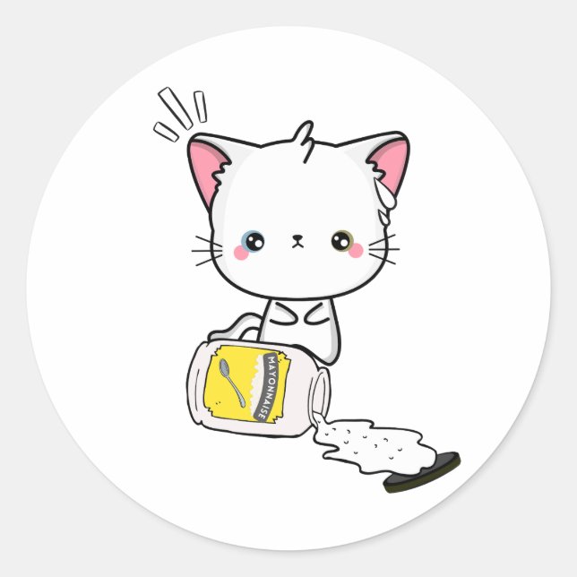 Sticker Rond Chat blanc amusant déversé mayonnaise (Devant)